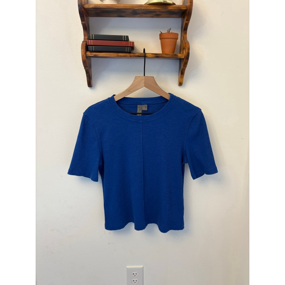 Sweaty Betty Blue Ribbed Short Sleeve Tee Size 10 Stretch Heavyweight Jersey Top